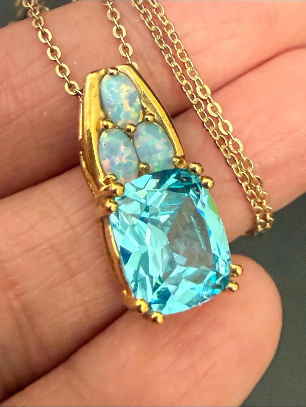 925 Sterling Gold Vermeil Cushion Cut Blue Topaz Gemstone Opal Pendant Necklace